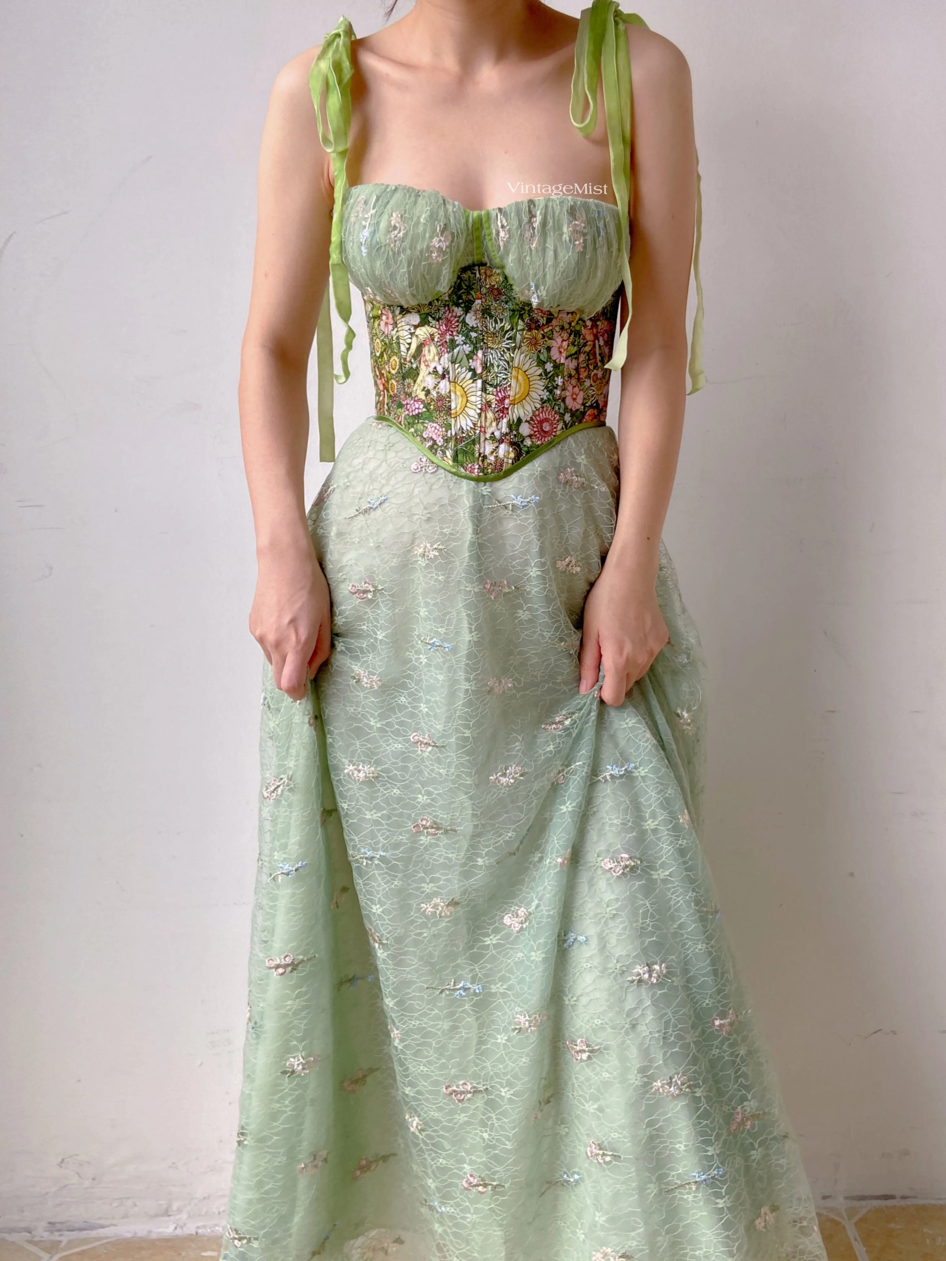 Green Tulle Prom Corset Dress with Floral Embroidery