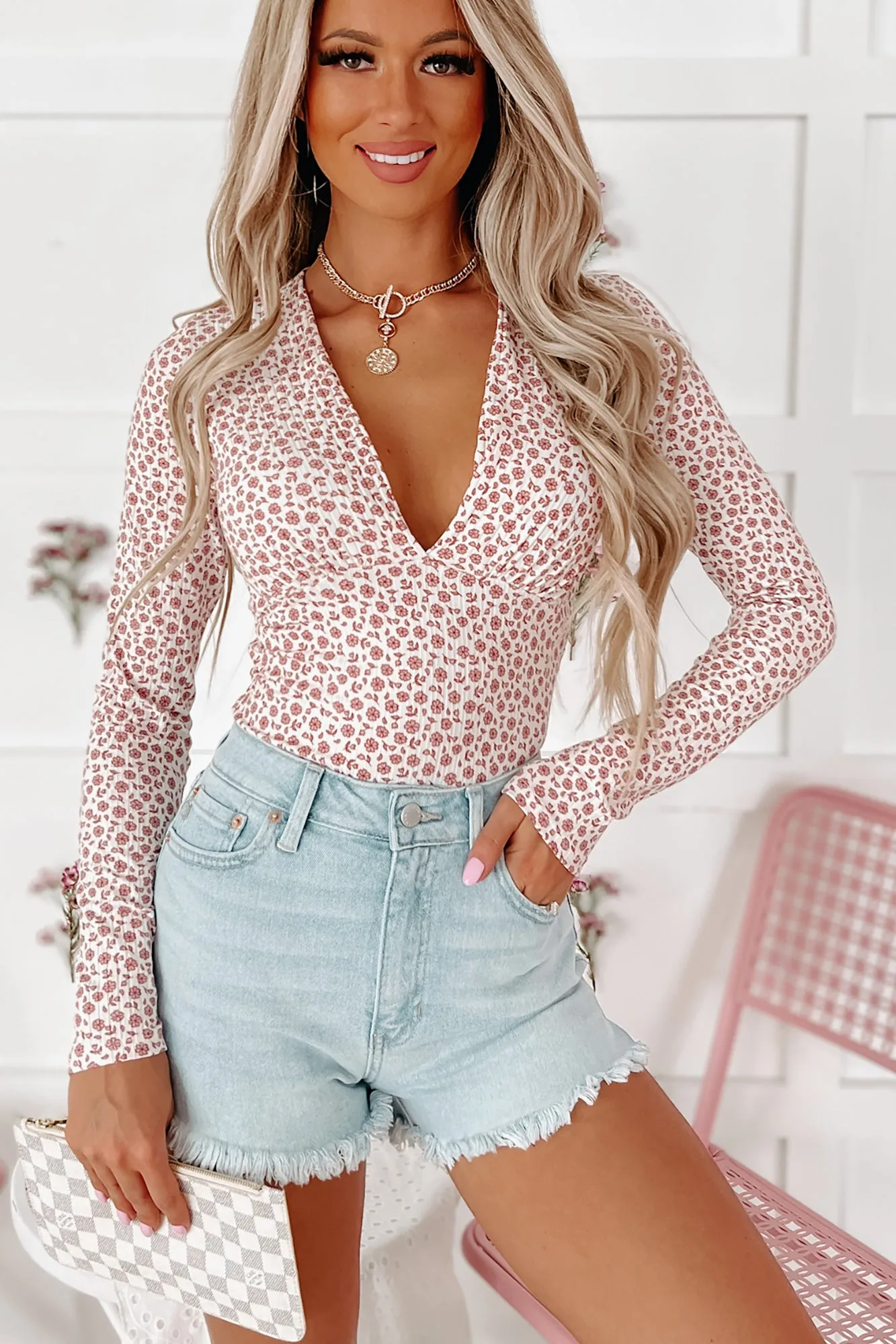 Growing With Grace NanaMacs Long Sleeve Floral Bodysuit (Ivory/Rose)