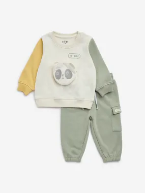 HOP Baby Sage Animal Design Cotton-Blend Sweatshirt with Joggers Set