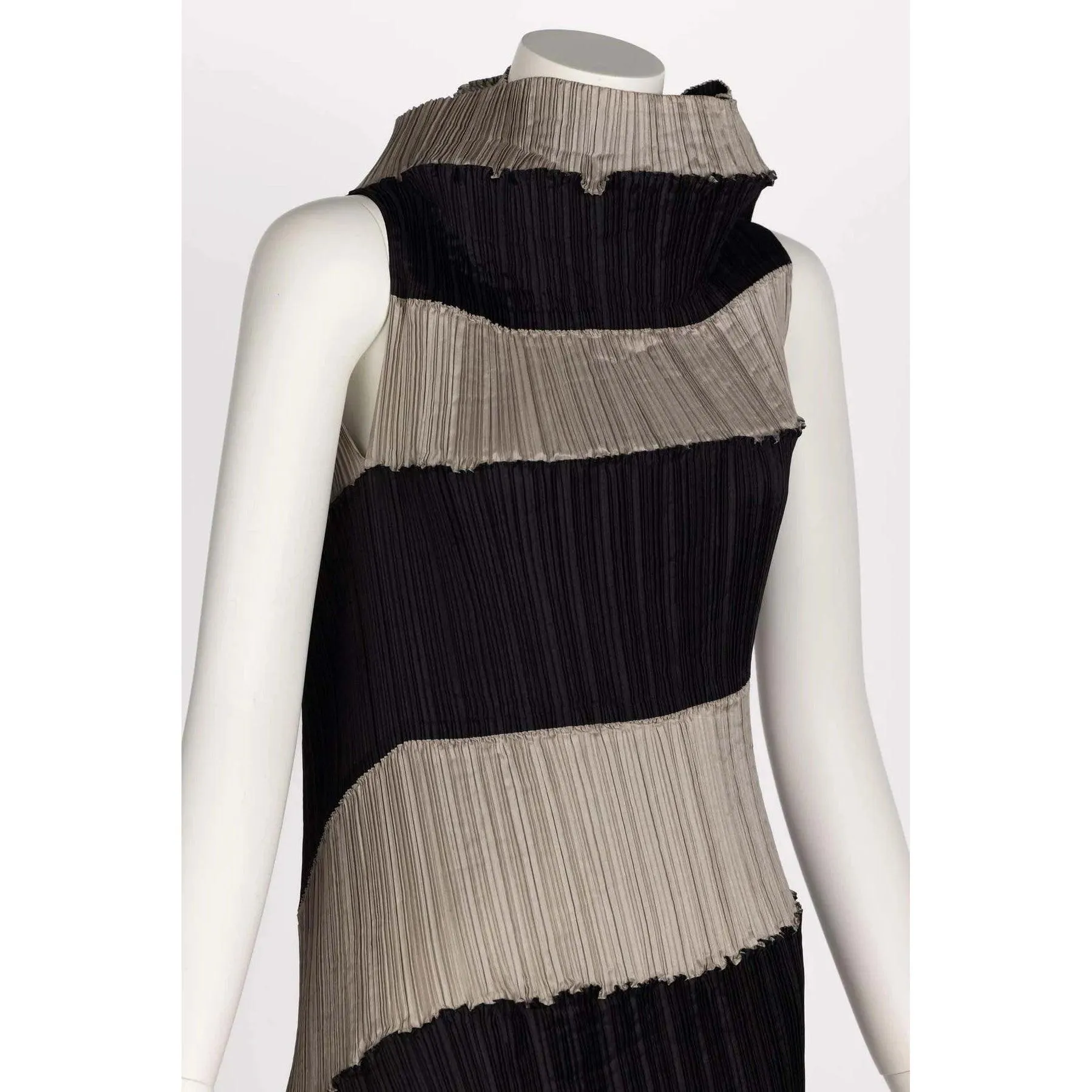 ISSEY MIYAKE 1990 Black & Beige Striped Pleated Spiral Dress | Size S/M