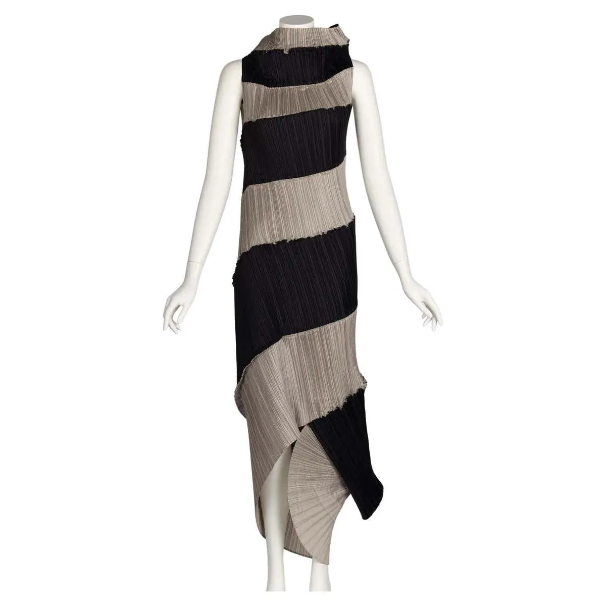 ISSEY MIYAKE 1990 Black & Beige Striped Pleated Spiral Dress | Size S/M