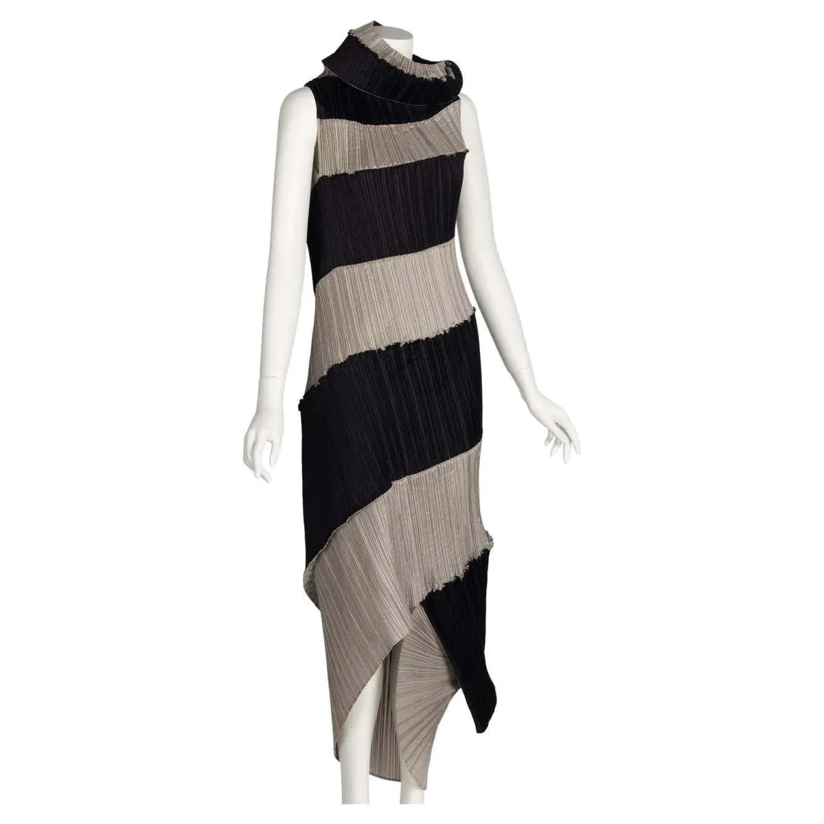 ISSEY MIYAKE 1990 Black & Beige Striped Pleated Spiral Dress | Size S/M