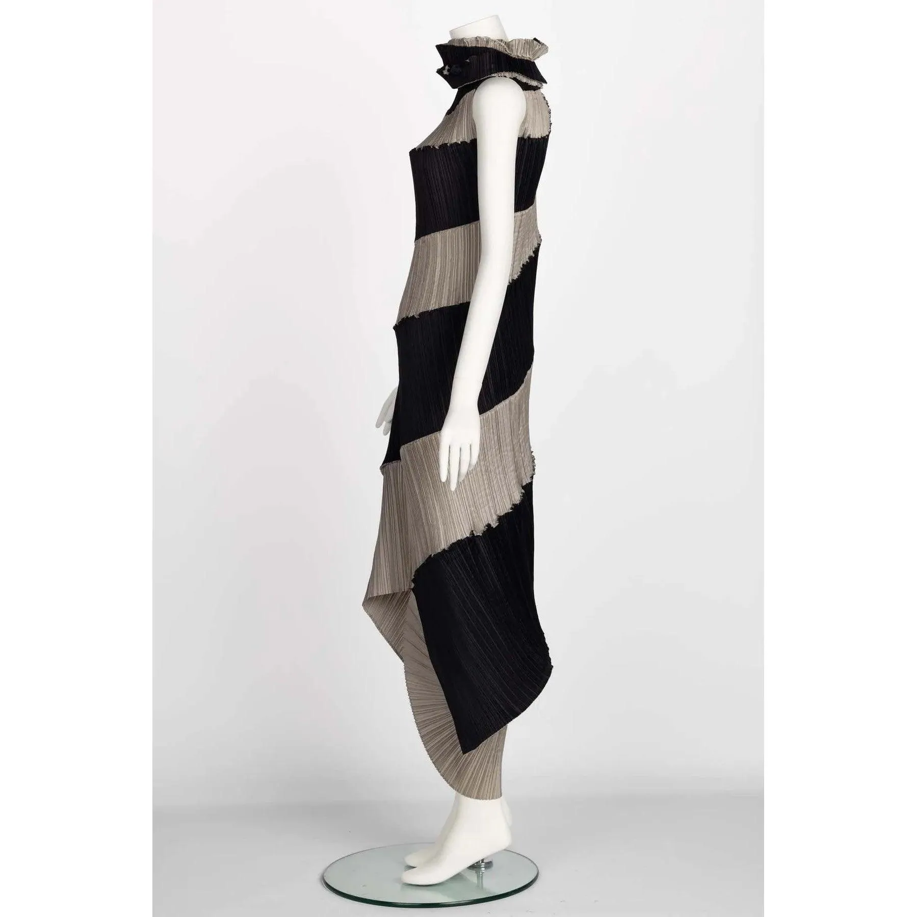 ISSEY MIYAKE 1990 Black & Beige Striped Pleated Spiral Dress | Size S/M