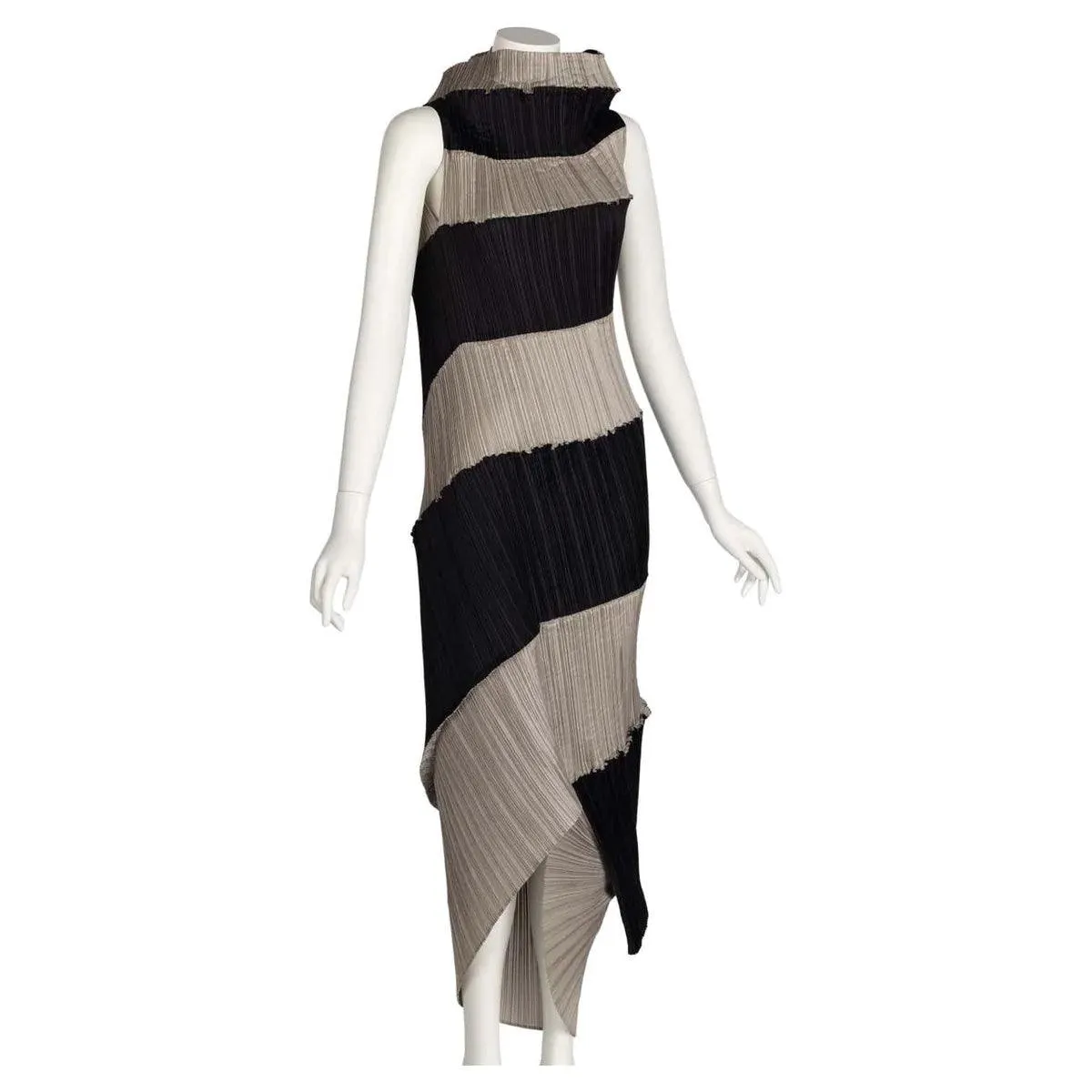 ISSEY MIYAKE 1990 Black & Beige Striped Pleated Spiral Dress | Size S/M