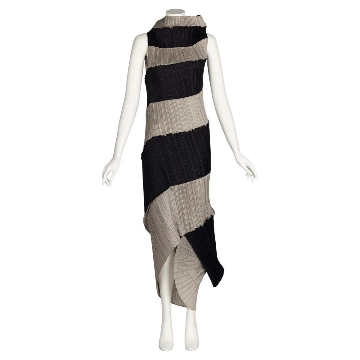 ISSEY MIYAKE 1990 Black & Beige Striped Pleated Spiral Dress | Size S/M