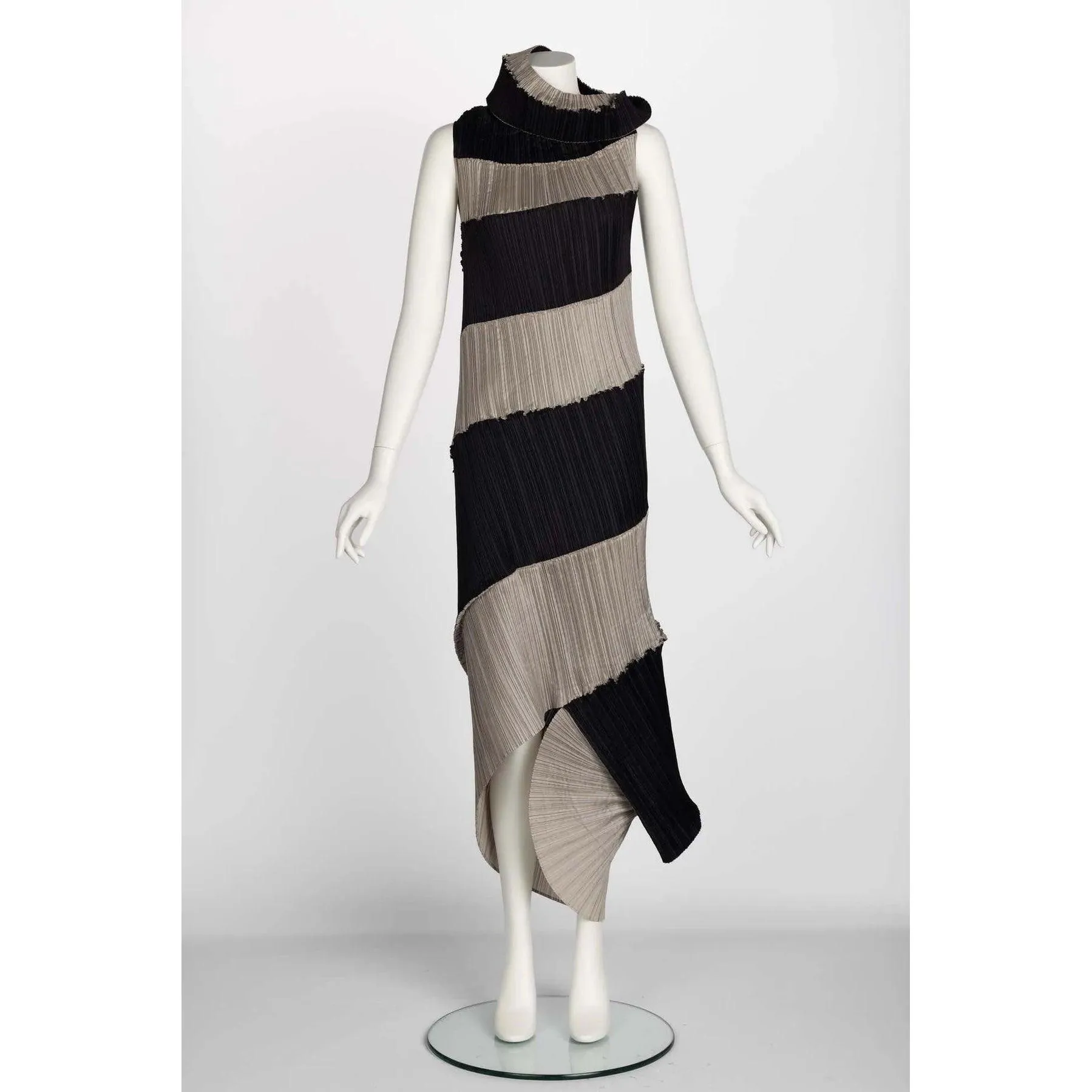 ISSEY MIYAKE 1990 Black & Beige Striped Pleated Spiral Dress | Size S/M