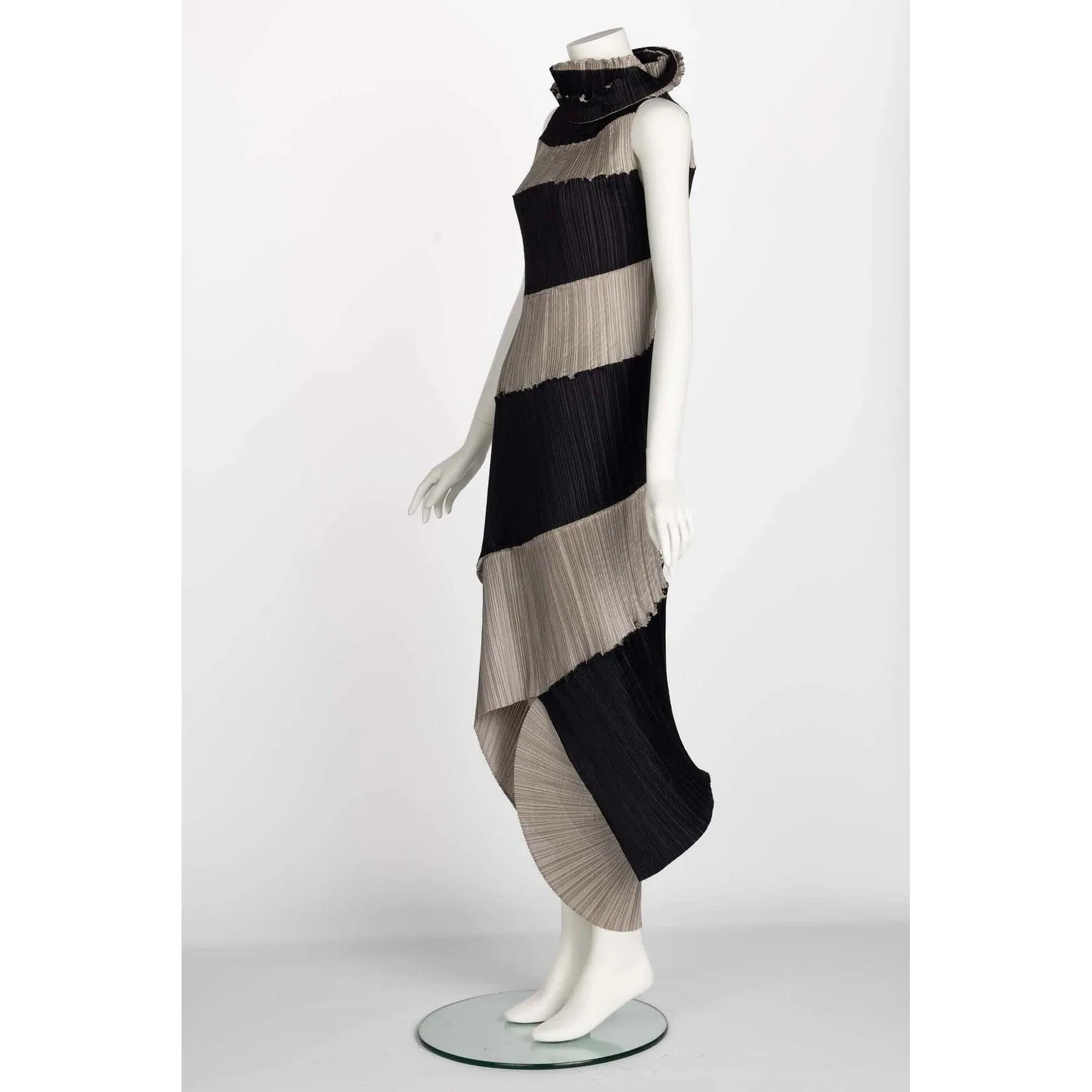 ISSEY MIYAKE 1990 Black & Beige Striped Pleated Spiral Dress | Size S/M
