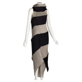 ISSEY MIYAKE 1990 Black & Beige Striped Pleated Spiral Dress | Size S/M