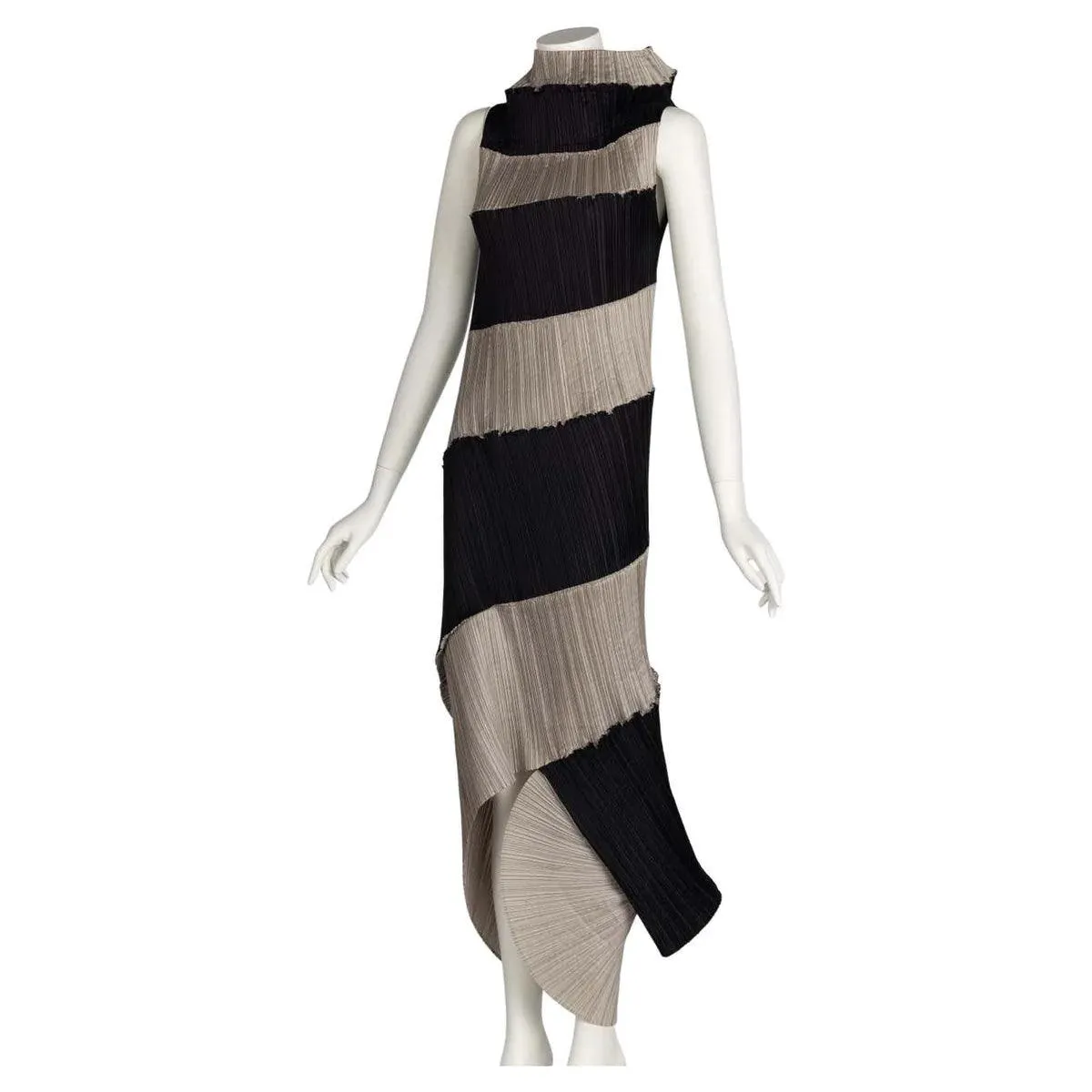 ISSEY MIYAKE 1990 Black & Beige Striped Pleated Spiral Dress | Size S/M