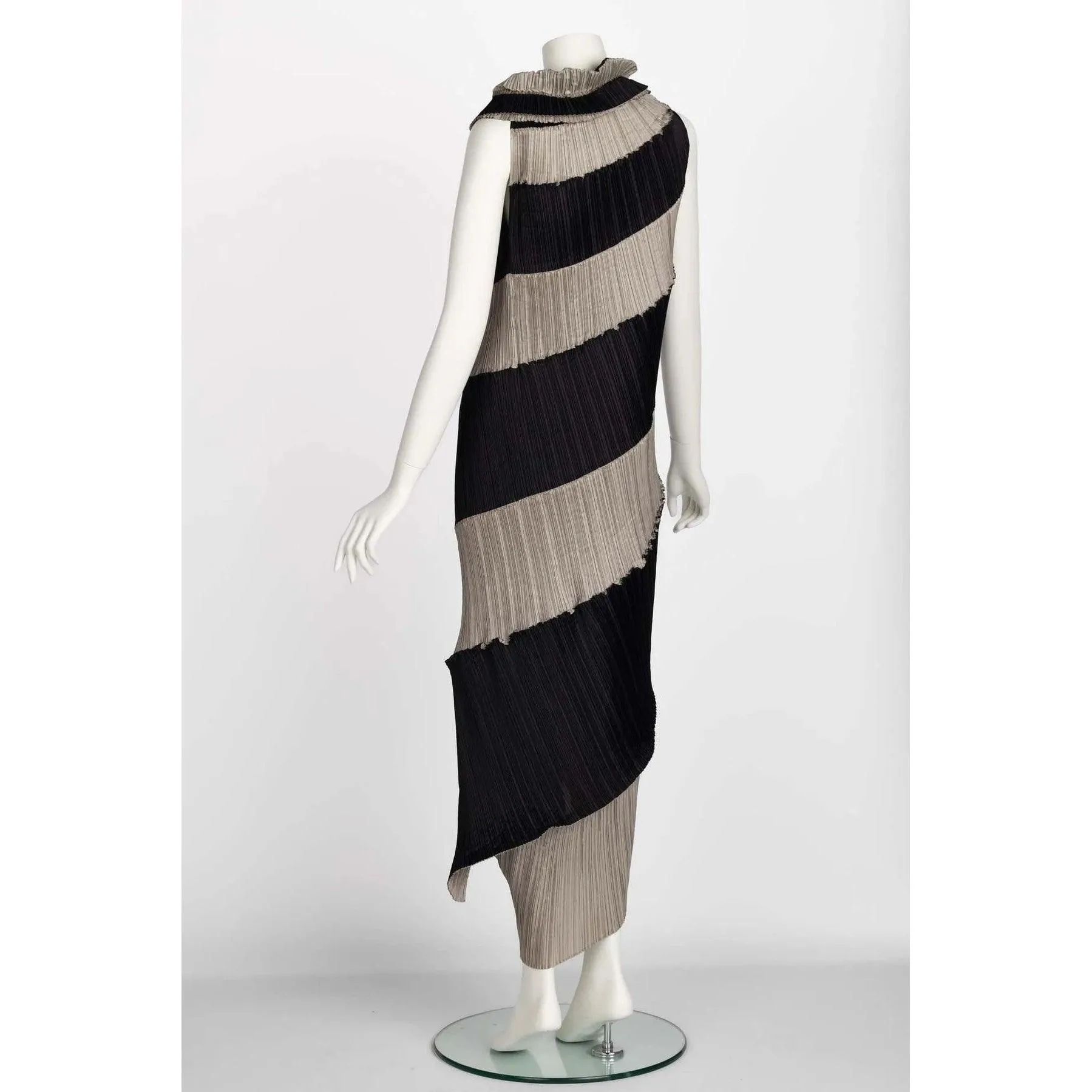 ISSEY MIYAKE 1990 Black & Beige Striped Pleated Spiral Dress | Size S/M