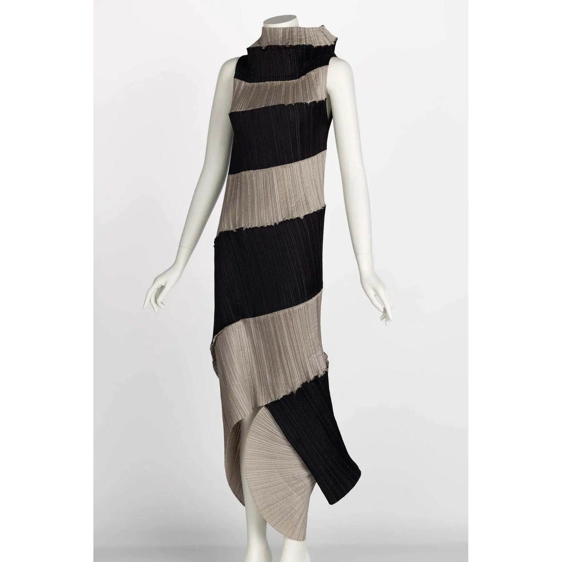 ISSEY MIYAKE 1990 Black & Beige Striped Pleated Spiral Dress | Size S/M