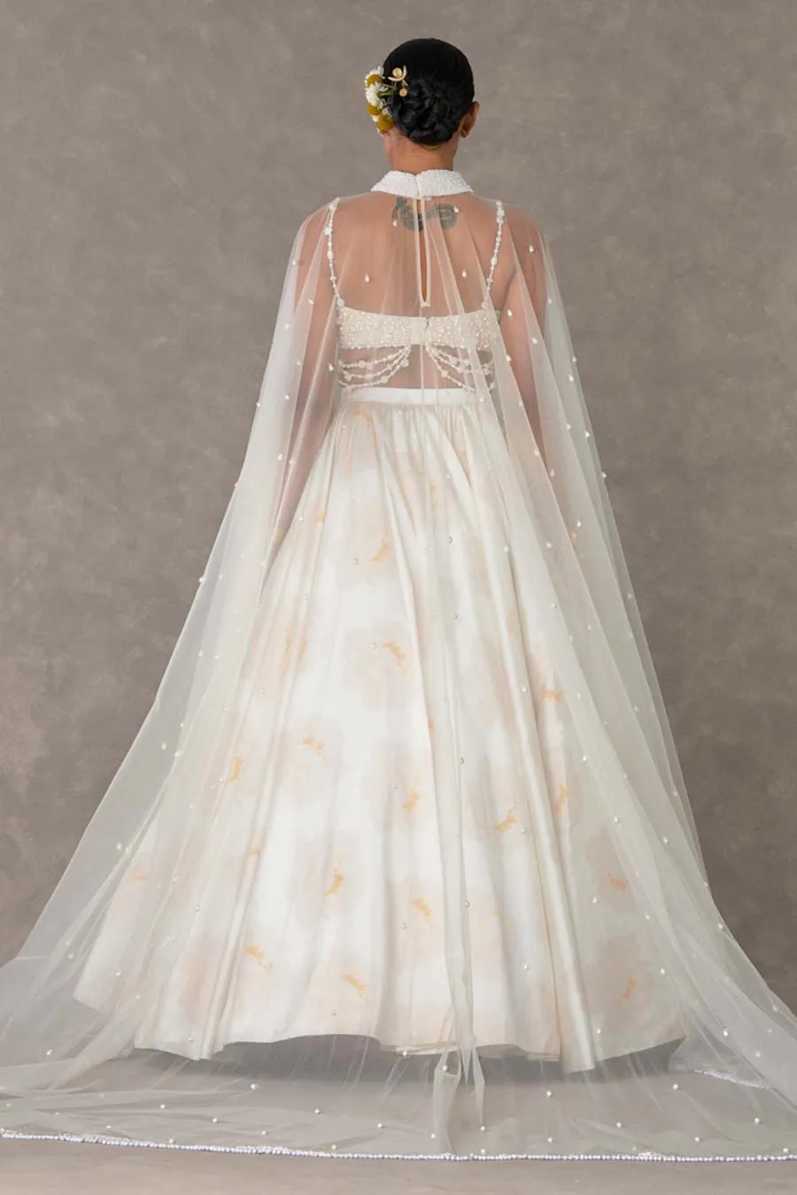 Ivory Nurvi Embroidered Skirt Set with Cape