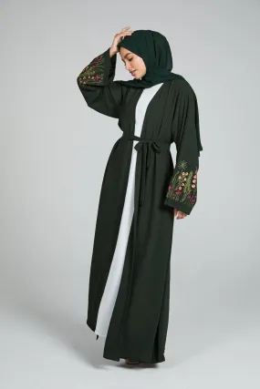 Junior Girls Blooming Embroidered Four Piece Open Abaya Set - Forest Green