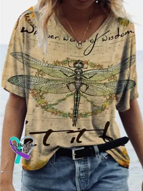 Let It Be Dragonfly Printed Loose Casual V-Neck Short Sleeve T-Shirt