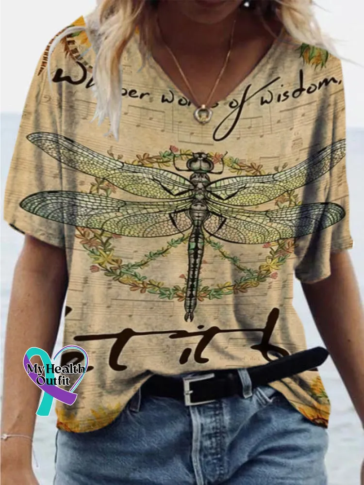 Let It Be Dragonfly Printed Loose Casual V-Neck Short Sleeve T-Shirt