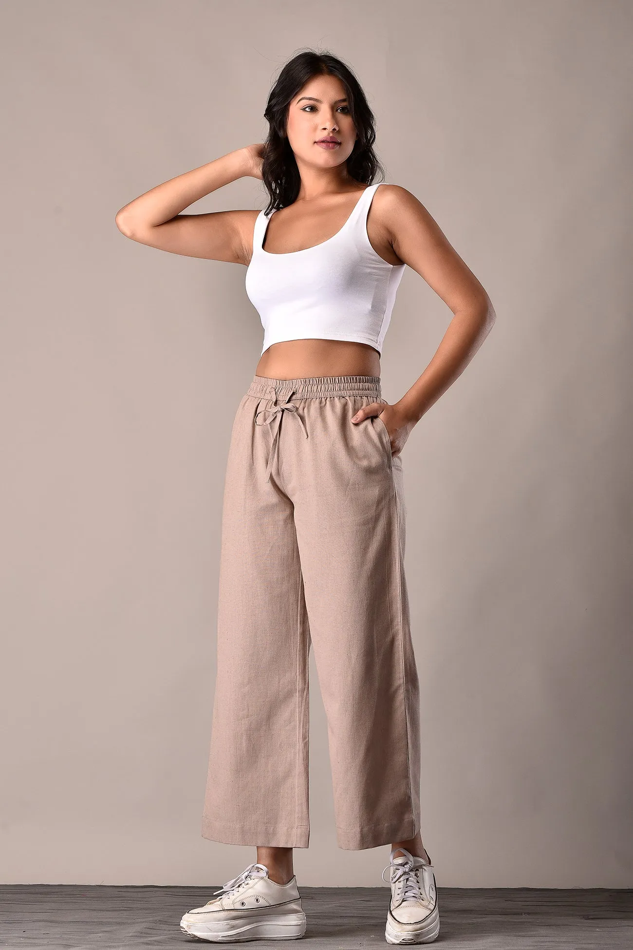 Linen-Cotton Culottes Khakhi Beige