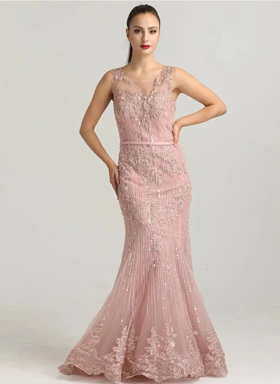 LIZA - Crystal Sequined Lace Evening Gown