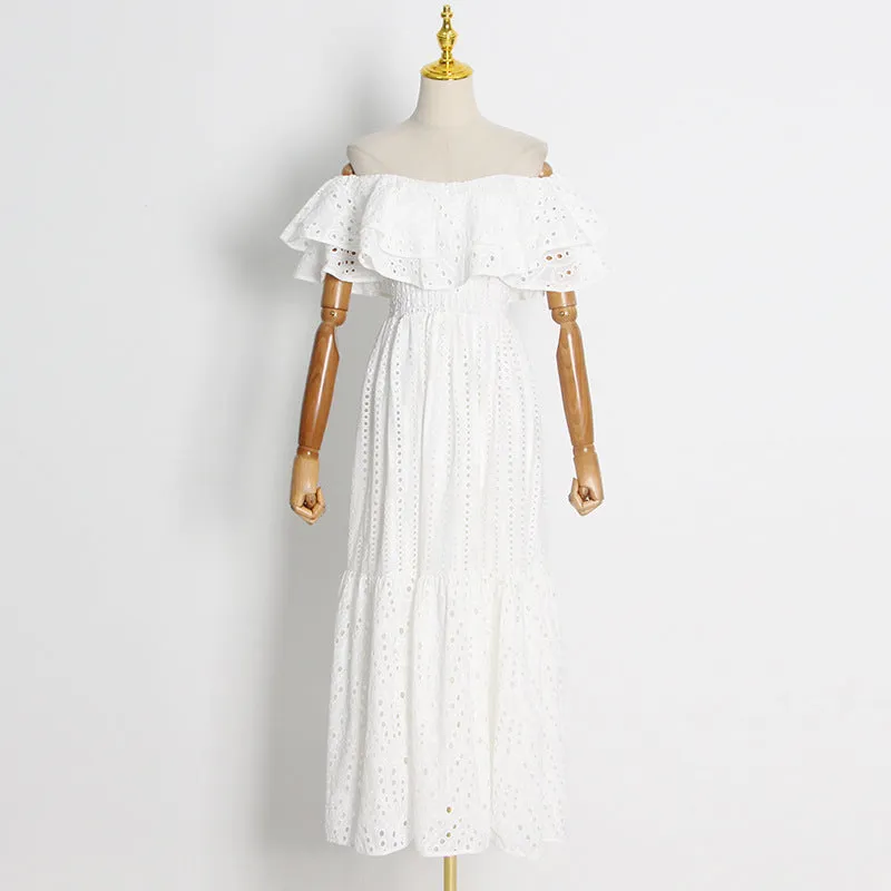Long dress women's autumn new double ruffle neck embroidered cutout long dress