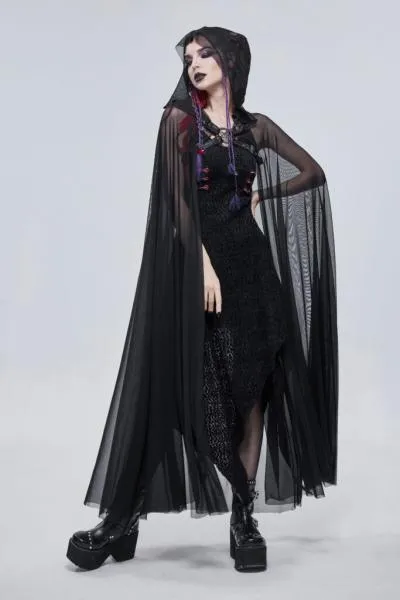 Long Hooded Cape with Pentagram Harness - Black - One Size