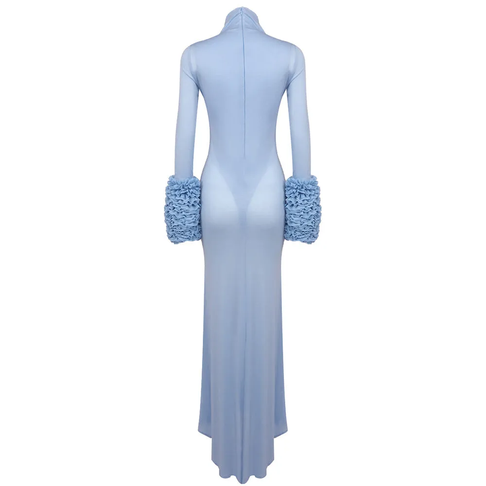Long Sleeve Light Blue Tencel Mesh Oversleeve Formal Dress