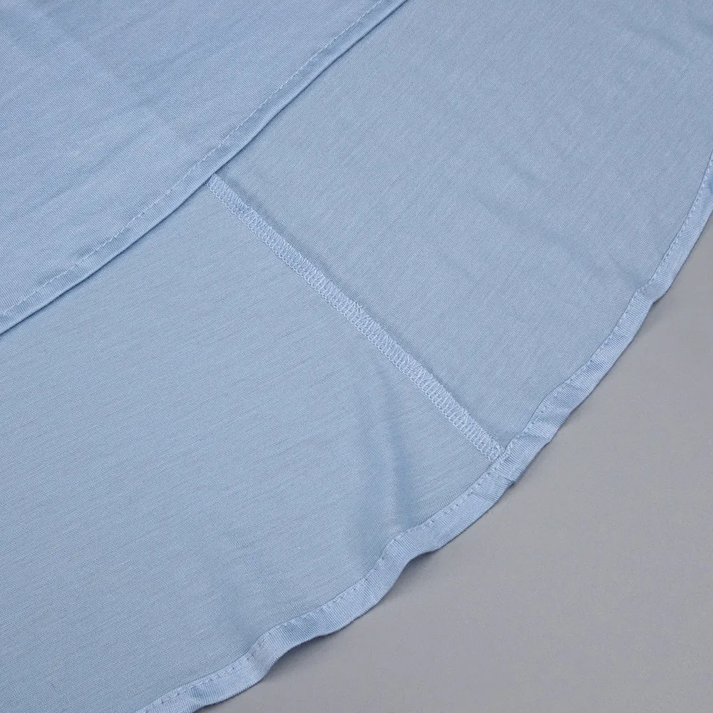 Long Sleeve Light Blue Tencel Mesh Oversleeve Formal Dress