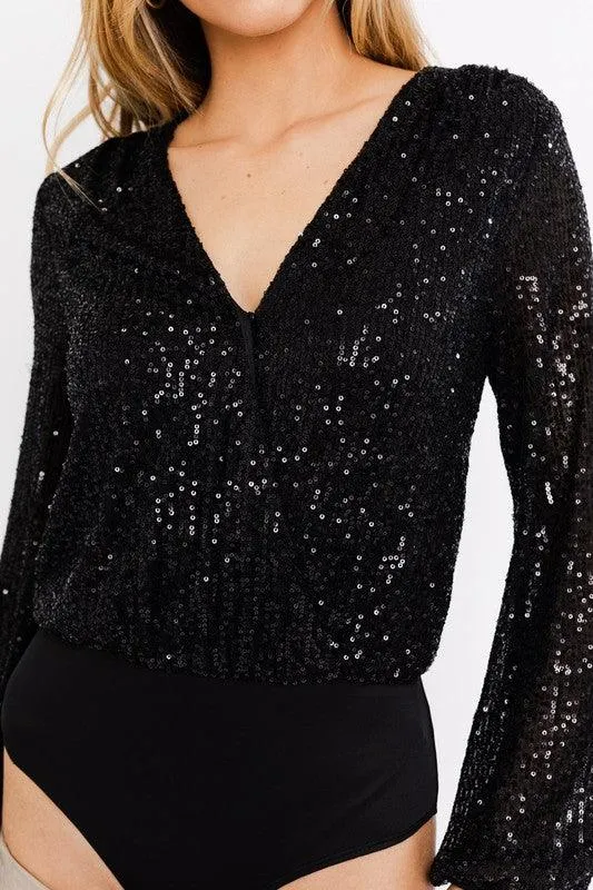 long sleeve sequin wrap bodysuit