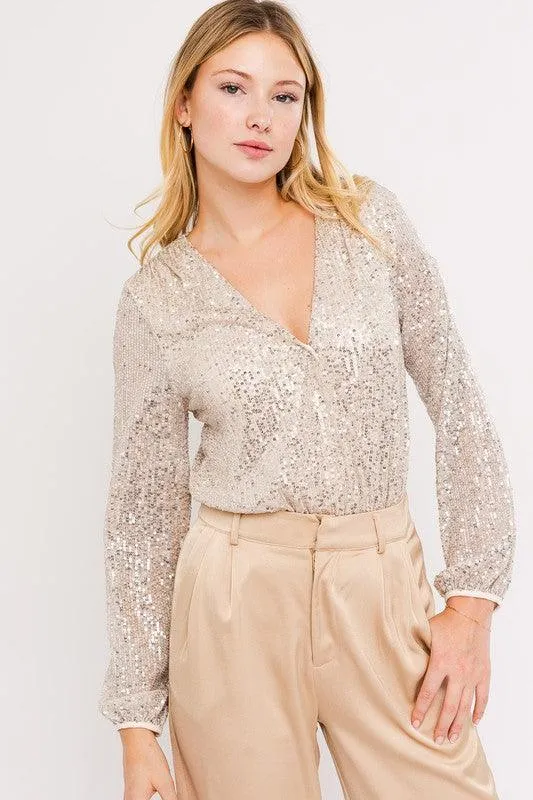 long sleeve sequin wrap bodysuit