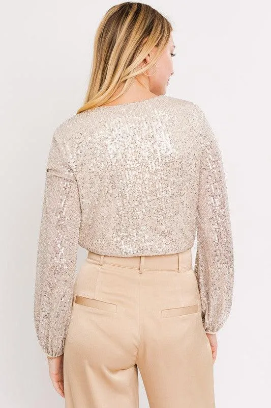long sleeve sequin wrap bodysuit