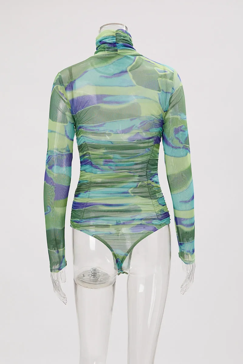 Long Sleeve Turtleneck See Through Printed Bodysuit
