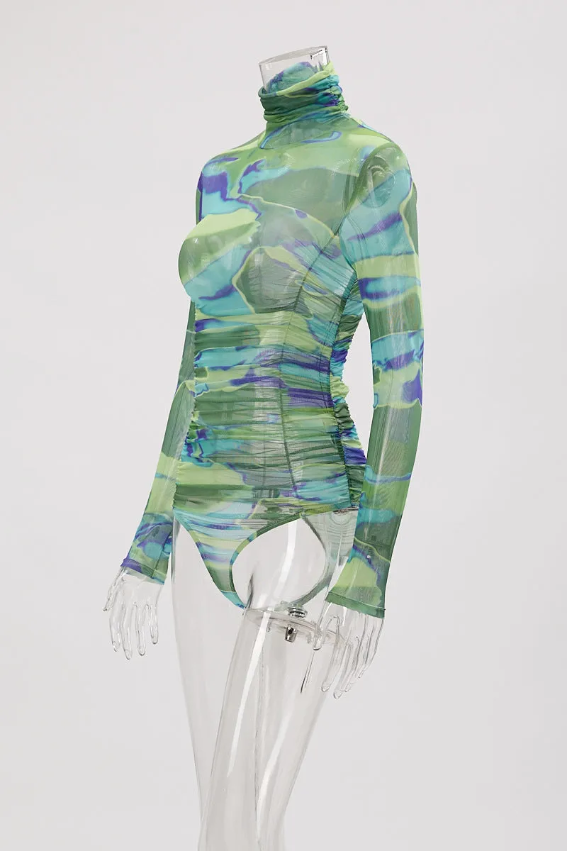 Long Sleeve Turtleneck See Through Printed Bodysuit