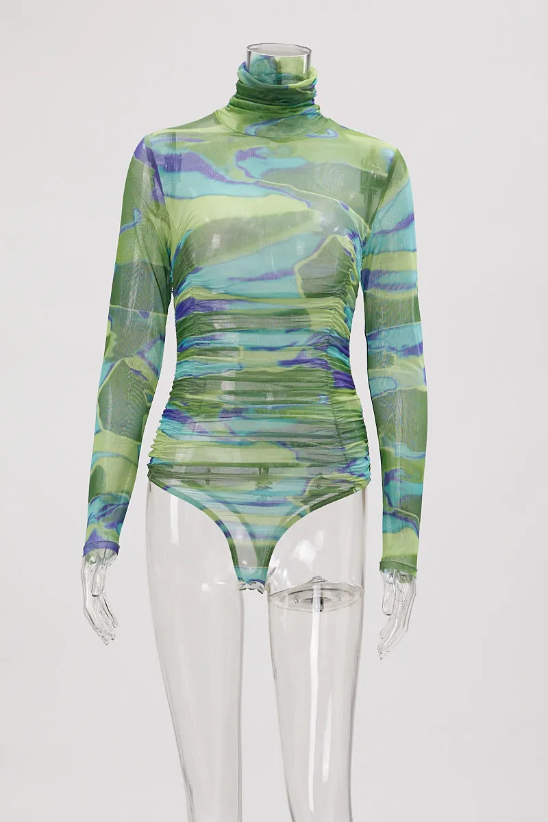 Long Sleeve Turtleneck See Through Printed Bodysuit