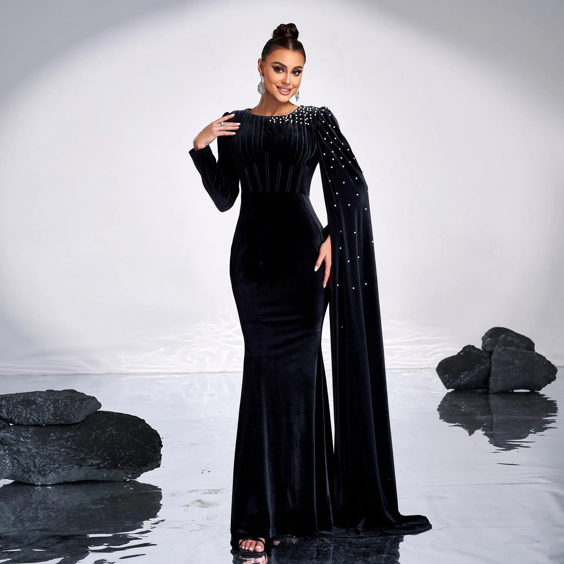 Long Sleeved Rhinestone Cocktail Evening Dress