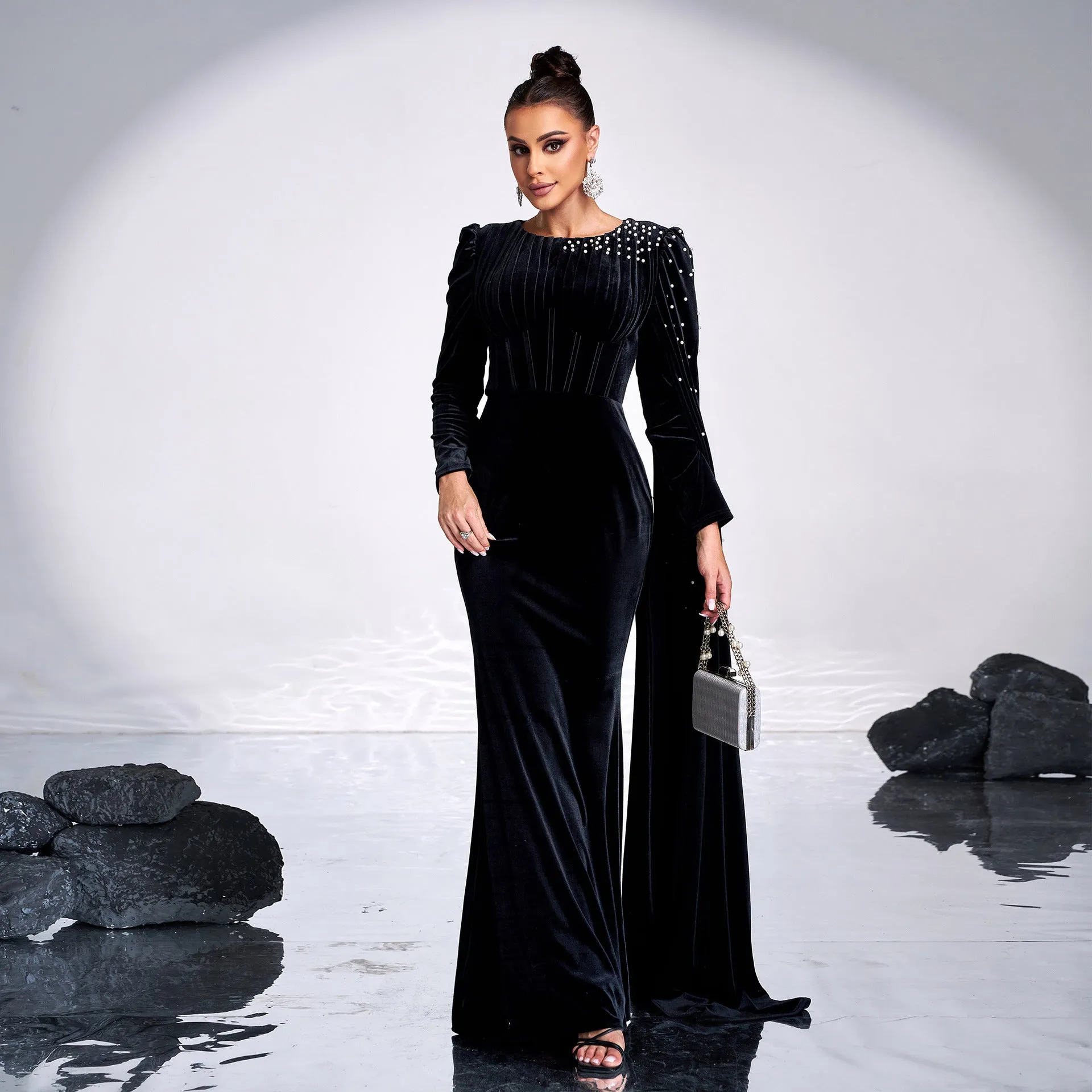 Long Sleeved Rhinestone Cocktail Evening Dress