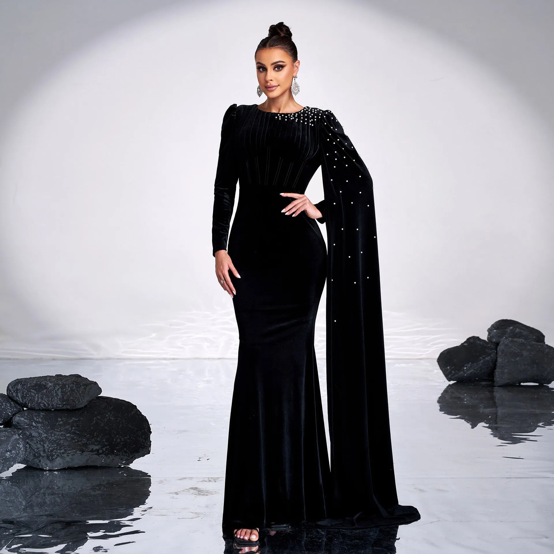 Long Sleeved Rhinestone Cocktail Evening Dress