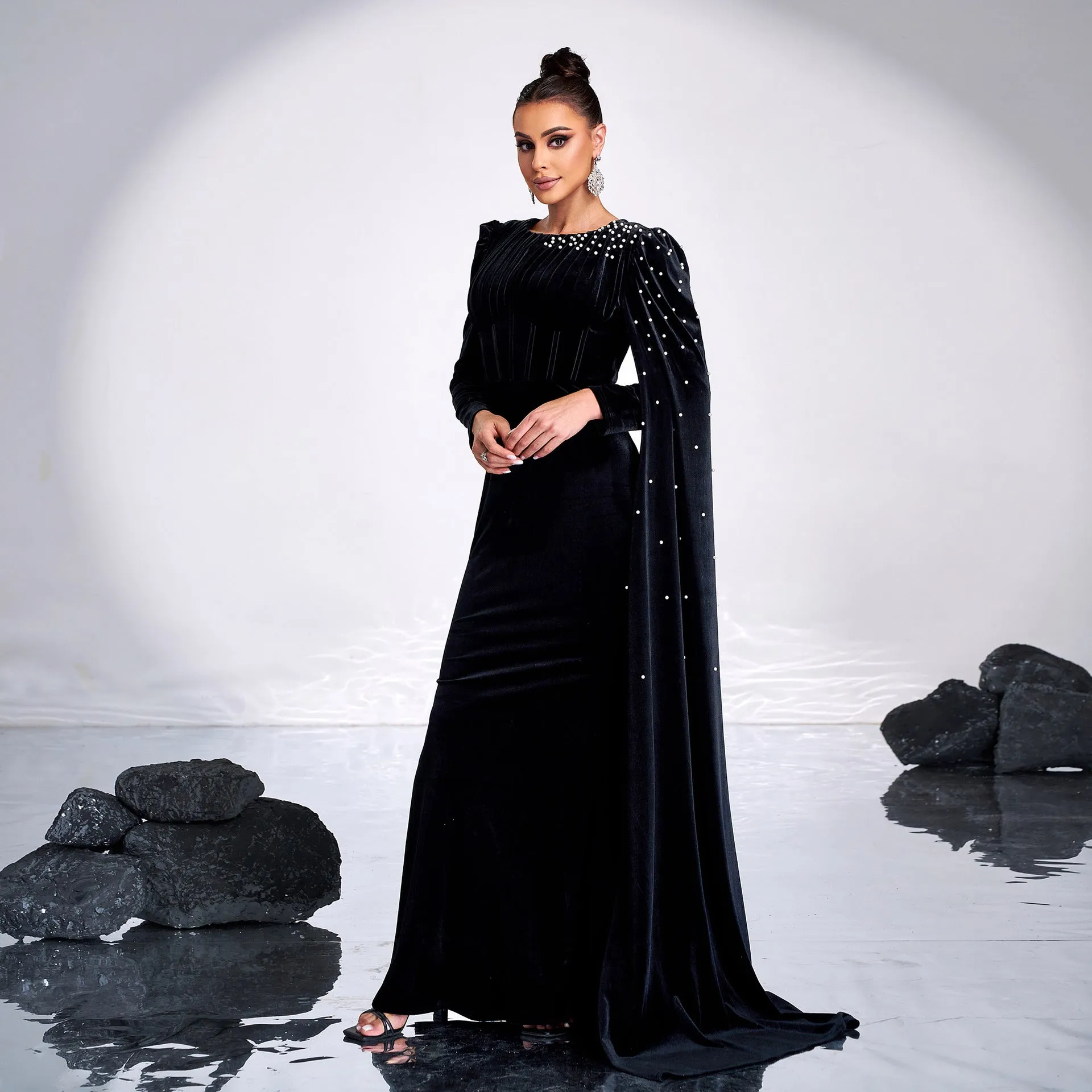 Long Sleeved Rhinestone Cocktail Evening Dress