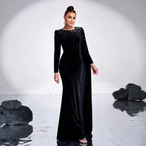 Long Sleeved Rhinestone Cocktail Evening Dress