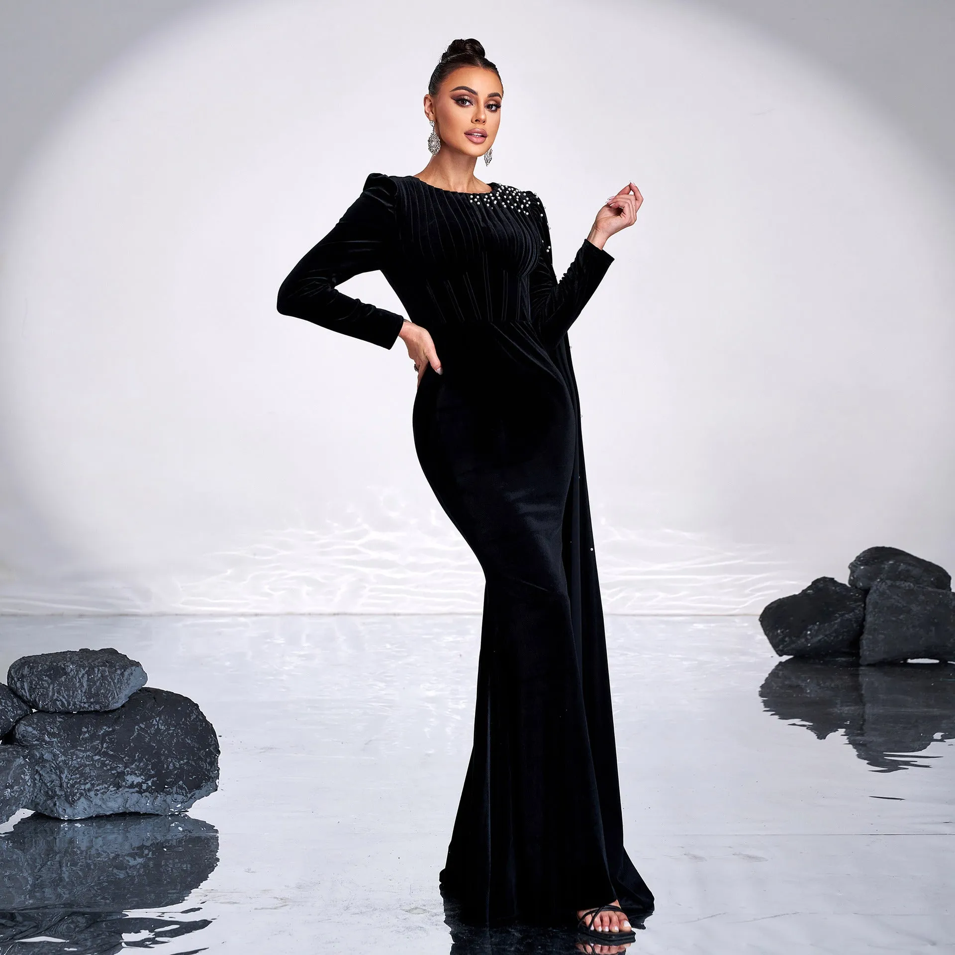 Long Sleeved Rhinestone Cocktail Evening Dress