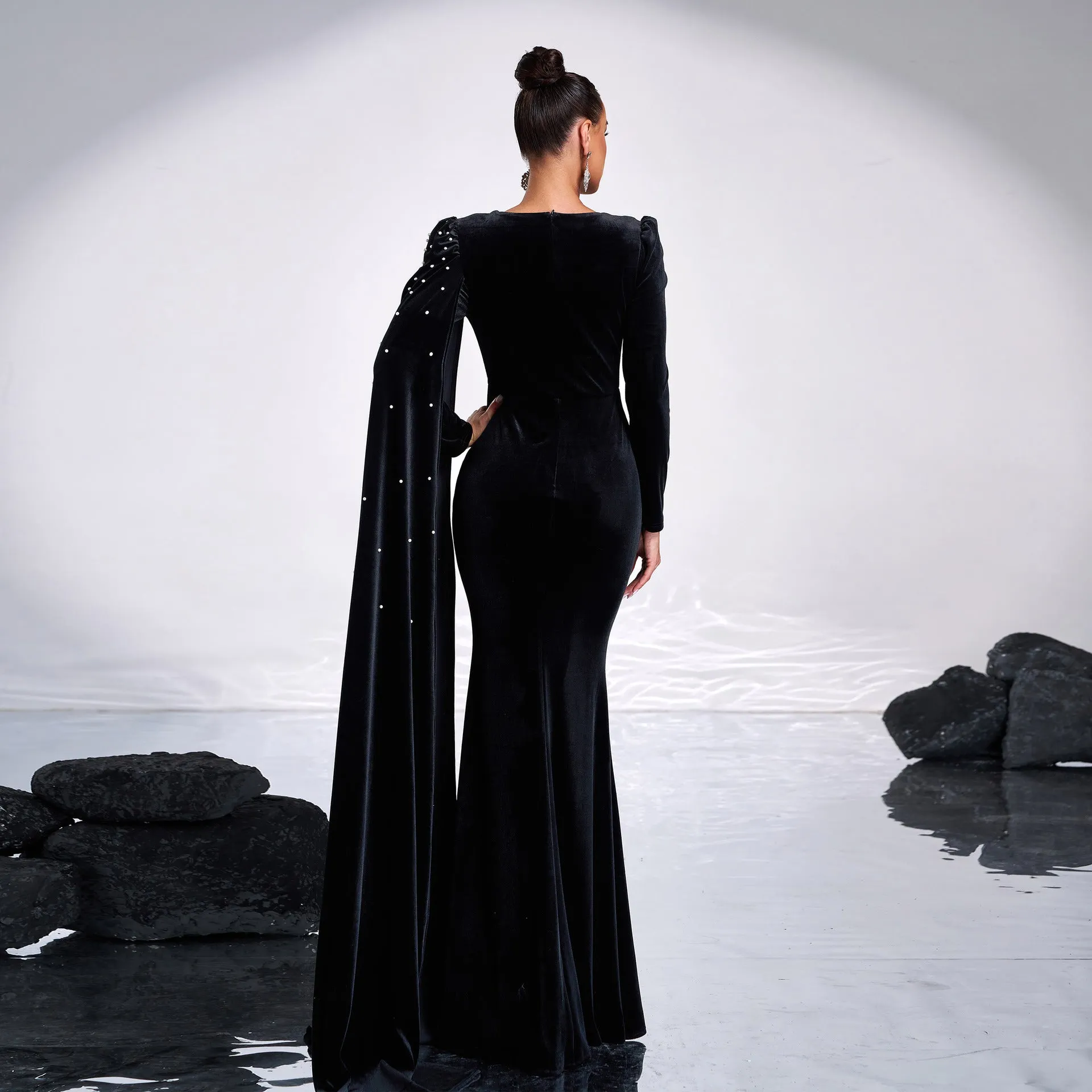 Long Sleeved Rhinestone Cocktail Evening Dress