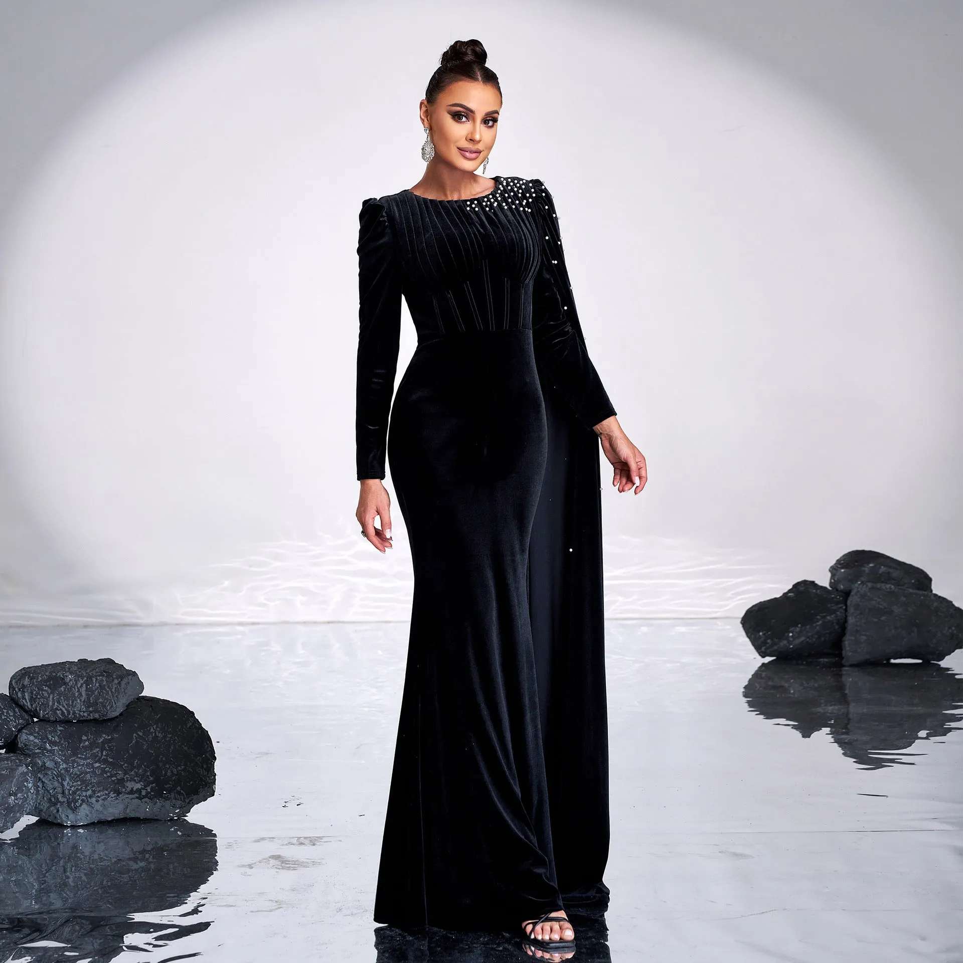 Long Sleeved Rhinestone Cocktail Evening Dress