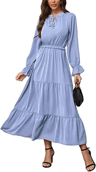 MAXI DRESS SOLID COLOR TIE NECK CASUAL HIGH WAIST