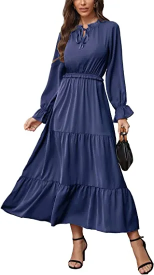 MAXI DRESS SOLID COLOR TIE NECK CASUAL HIGH WAIST
