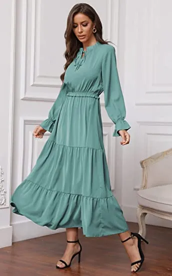 MAXI DRESS SOLID COLOR TIE NECK CASUAL HIGH WAIST