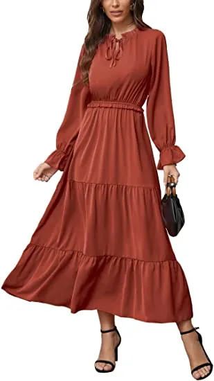 MAXI DRESS SOLID COLOR TIE NECK CASUAL HIGH WAIST