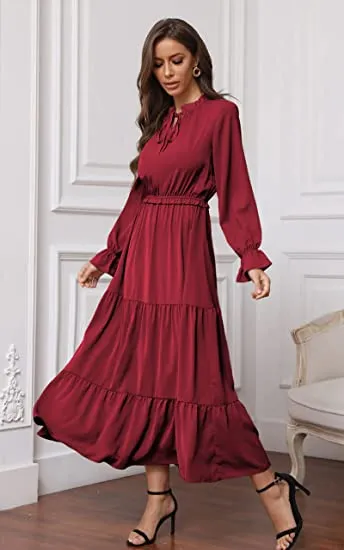 MAXI DRESS SOLID COLOR TIE NECK CASUAL HIGH WAIST