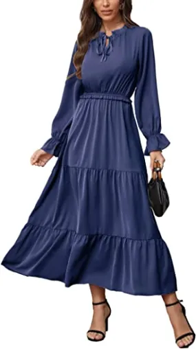 MAXI DRESS SOLID COLOR TIE NECK CASUAL HIGH WAIST
