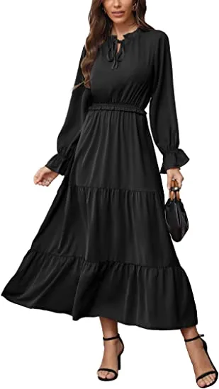 MAXI DRESS SOLID COLOR TIE NECK CASUAL HIGH WAIST