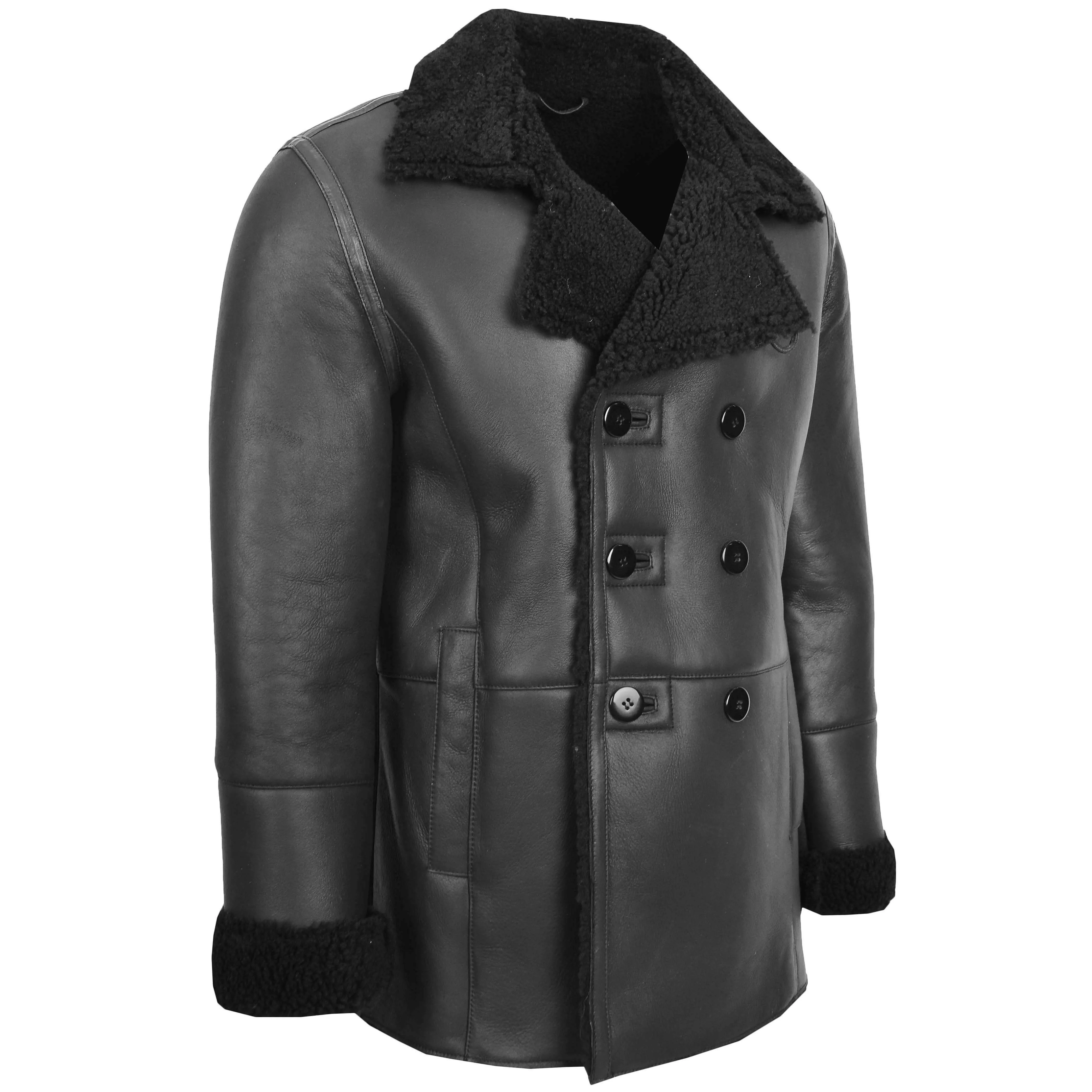 Mens Double Breasted Sheepskin Jacket Theo Black