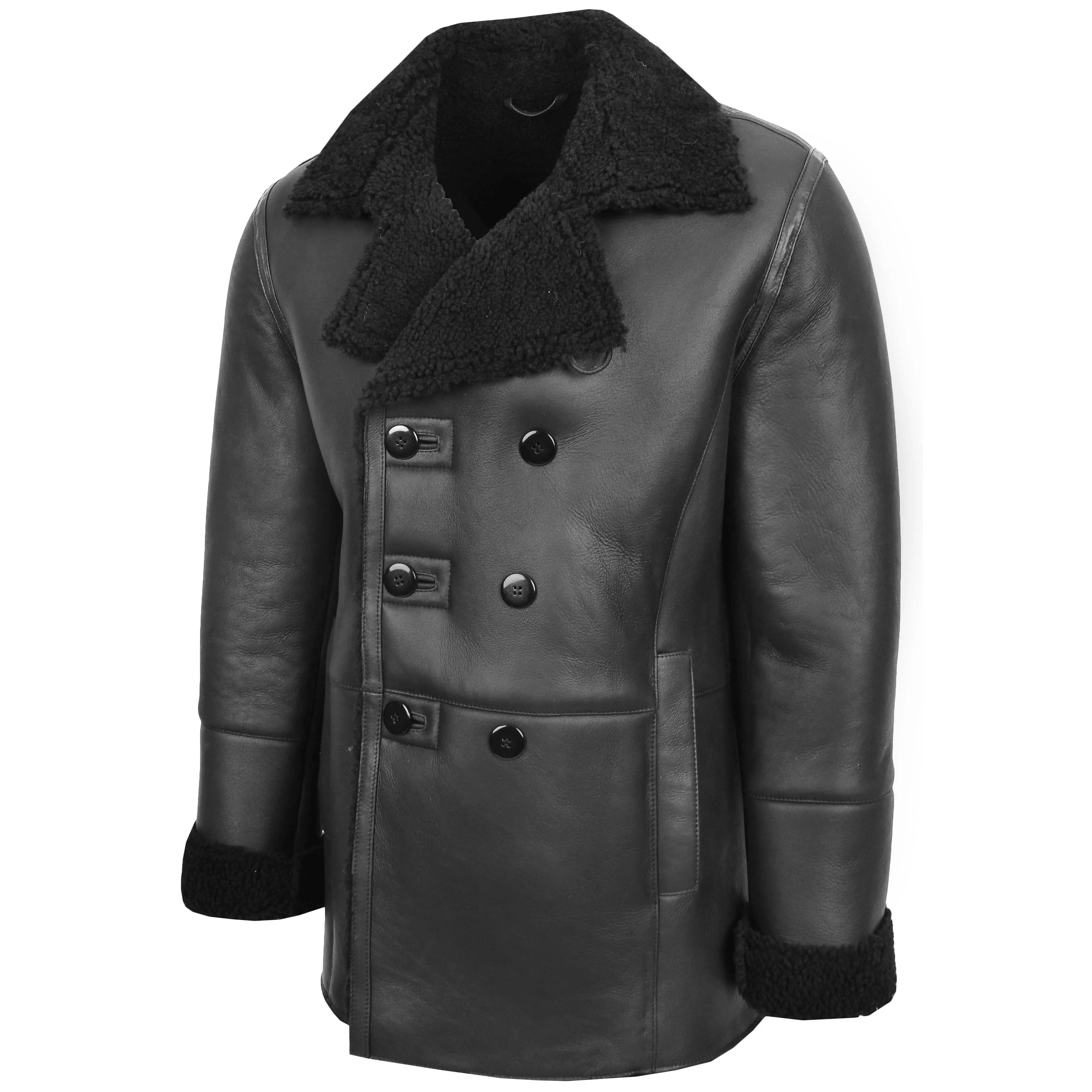 Mens Double Breasted Sheepskin Jacket Theo Black