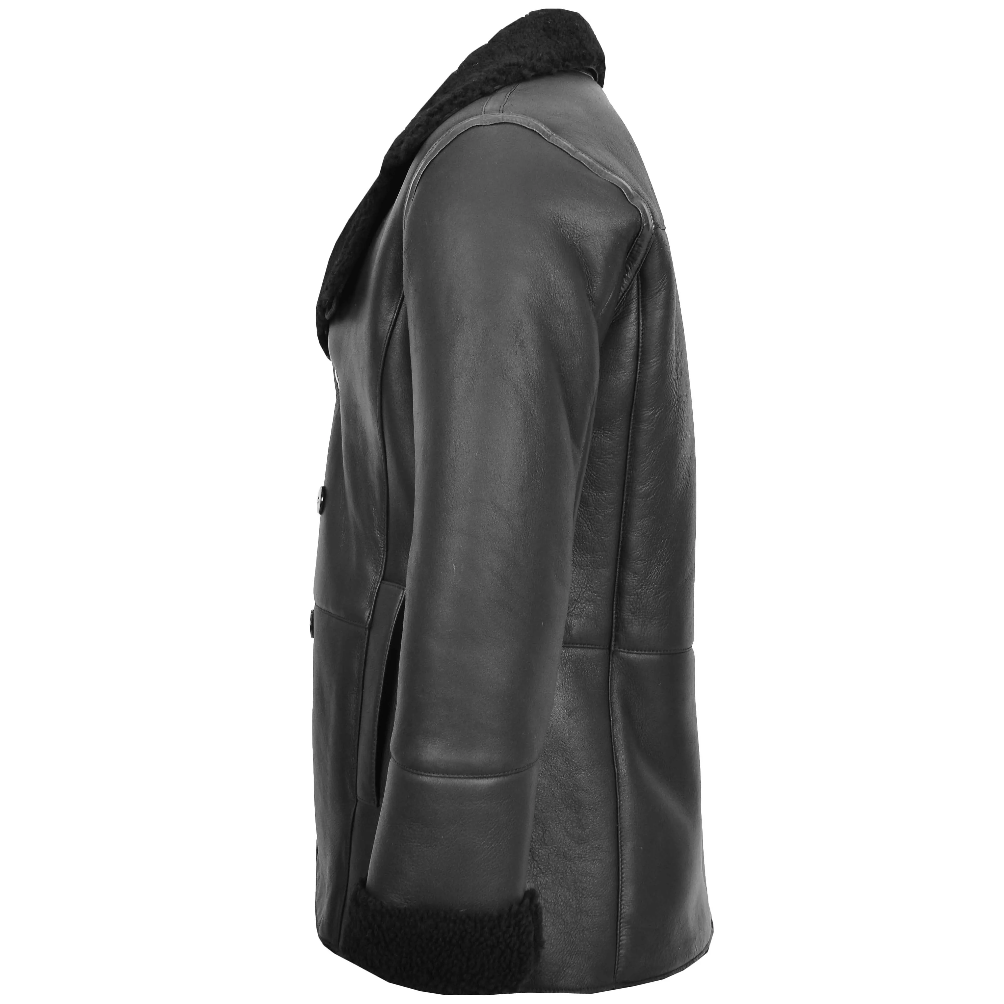 Mens Double Breasted Sheepskin Jacket Theo Black