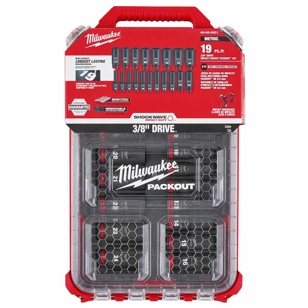 Milwaukee 49-66-6801 Shockwave Impact Duty Socket 3/8” Drive 19-Piece MM Packout Set